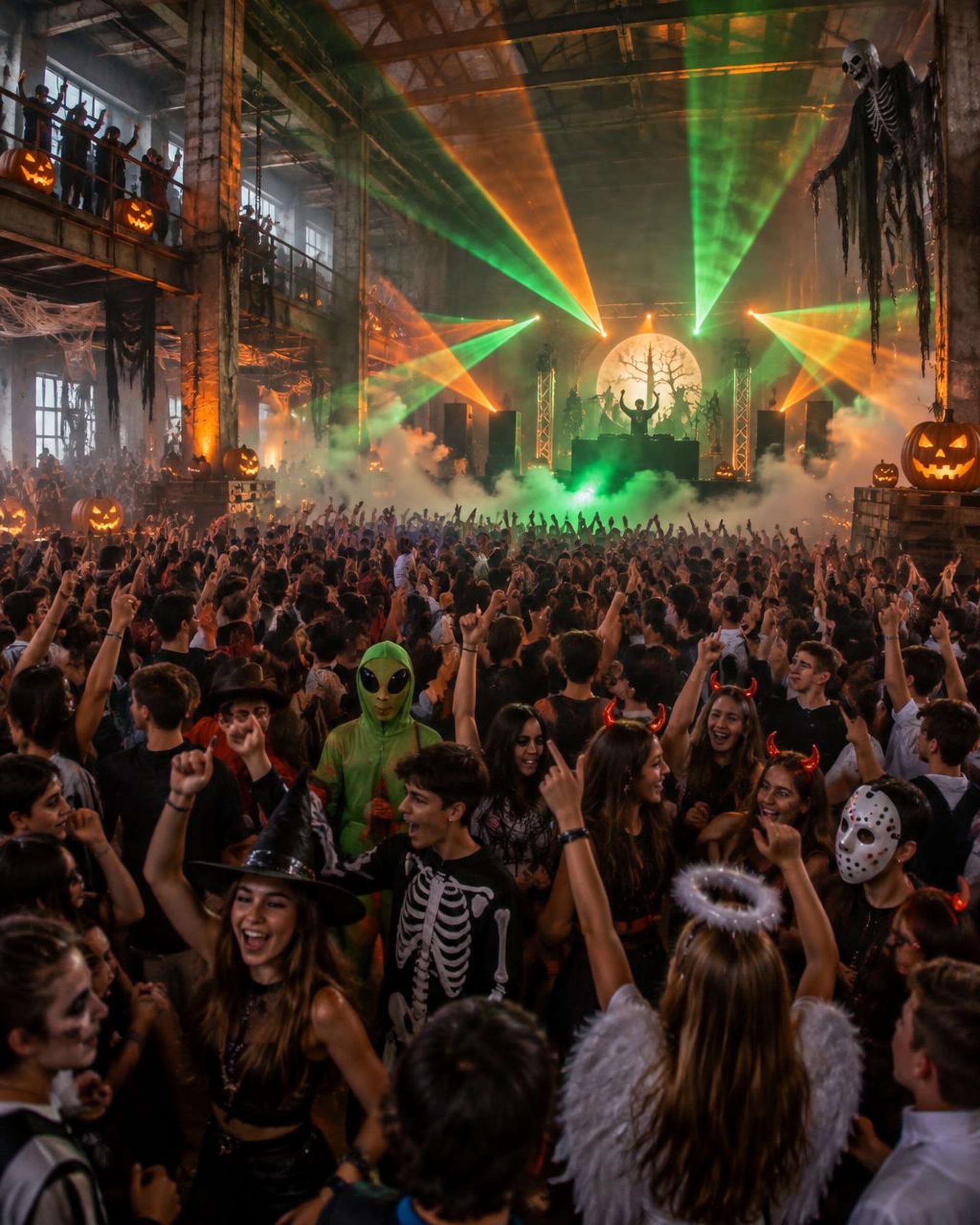 Packed warehouse crowd of costumed teens with lasers fanning from the stage